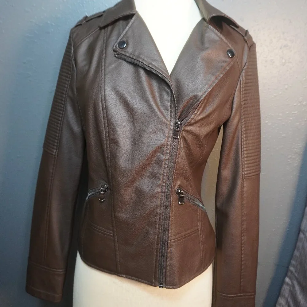 Celebrity Pink Juniors Womens Brown Faux Leather Moto Jacket Size Small - Picture 2 of 8